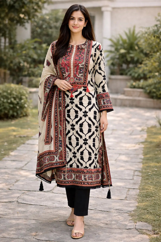 Ivory Noir Muslin Set Unstitched 3-Piece Set   Aminah Designs