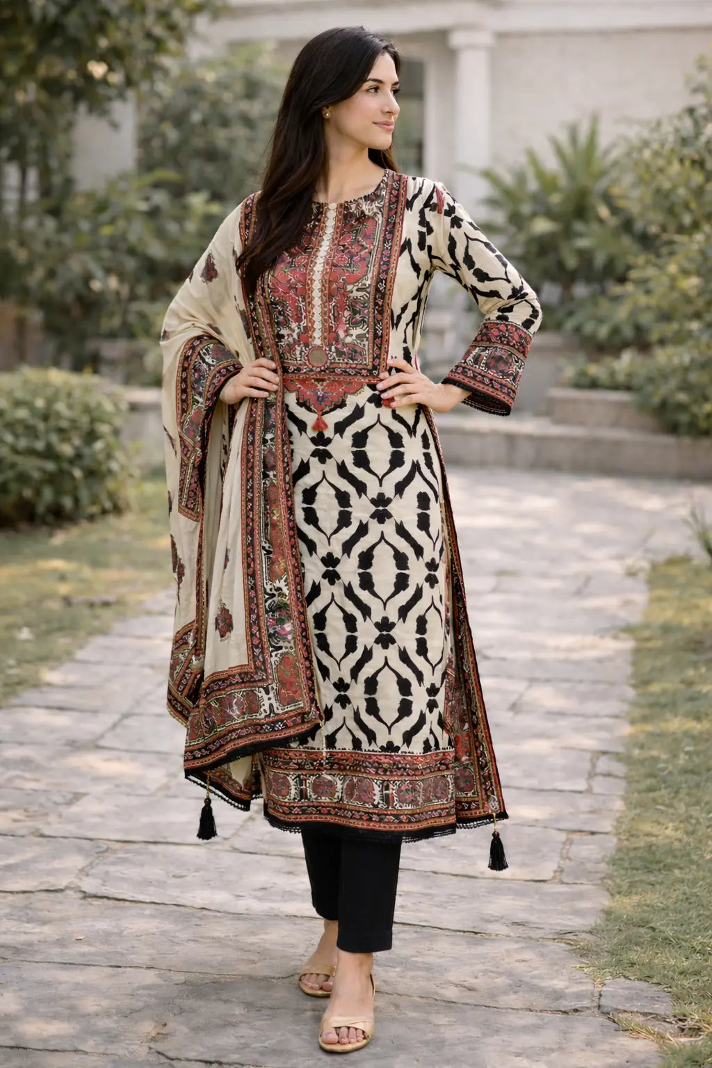 Ivory Noir Muslin Set Unstitched 3-Piece Set   Aminah Designs