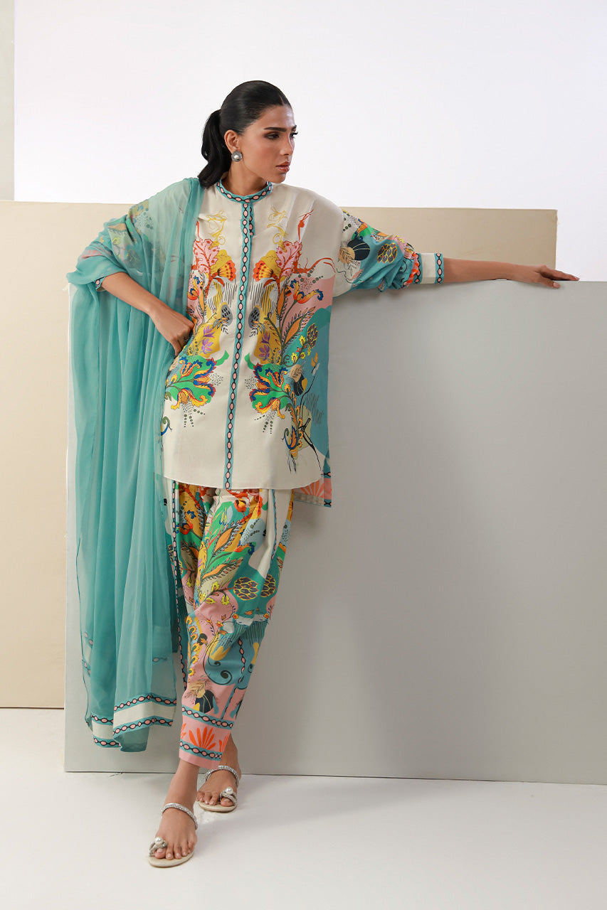 MULTI COLOR FARSHI SHALWAR PAKISTANI 3 PC PRINTED SET WITH DUPATTA | AMINAH DESIGNS Aminah Designs