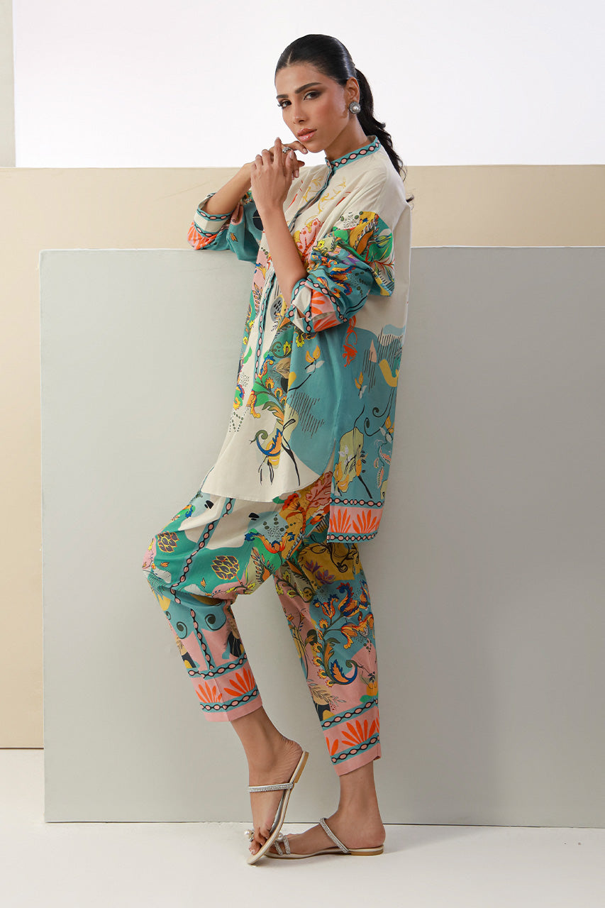 MULTI COLOR FARSHI SHALWAR PAKISTANI 3 PC PRINTED SET WITH DUPATTA | AMINAH DESIGNS Aminah Designs