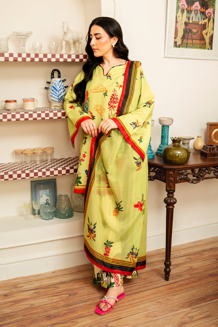 Muslin 3PC Pakistani Print Set with Dupatta in Lemon Yellow | Premium Ethnic Wear – Aminah Designs Aminah Designs