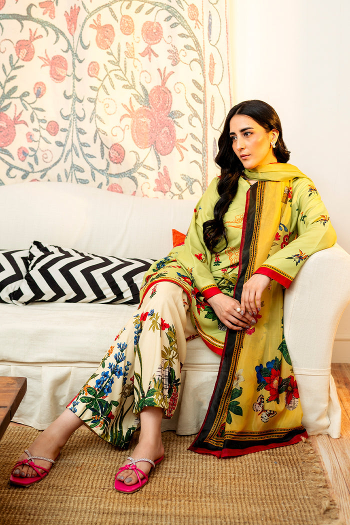 Muslin 3PC Pakistani Print Set with Dupatta in Lemon Yellow | Premium Ethnic Wear – Aminah Designs Aminah Designs