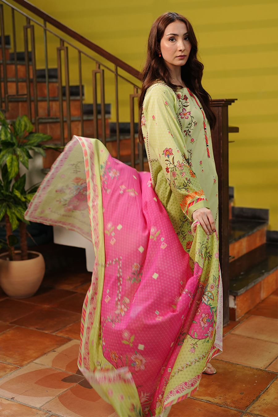 Rani Mist Harmony 3PC Pakistani Printed Set with Dupatta | Light Green & Rani Combo – Aminah Designs Aminah Designs