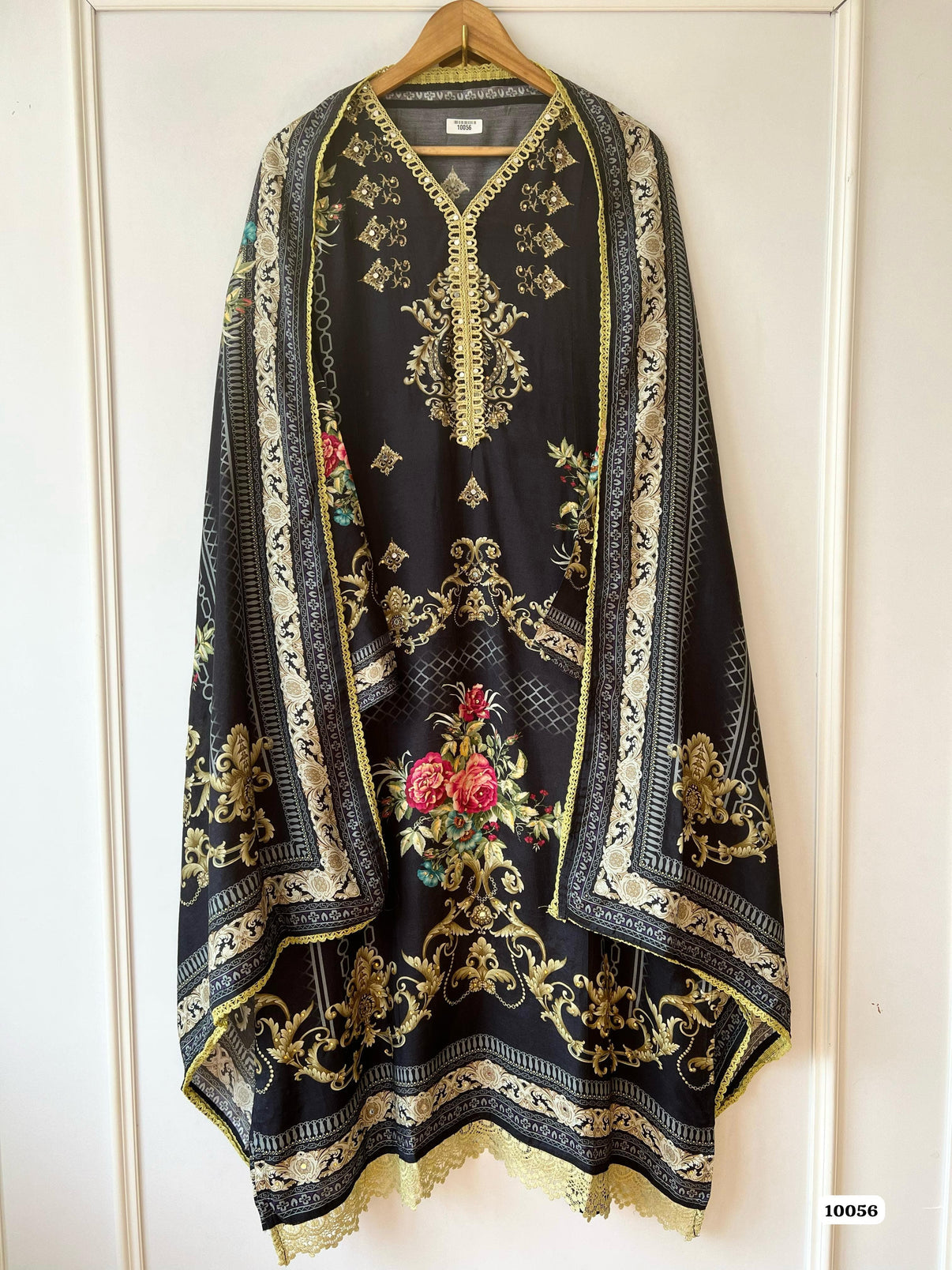 Pure muslin semi stitched shirt printed with beautiful laces & mirror works