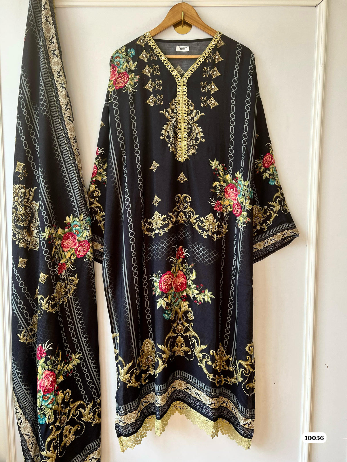 Pure muslin semi stitched shirt printed with beautiful laces & mirror works