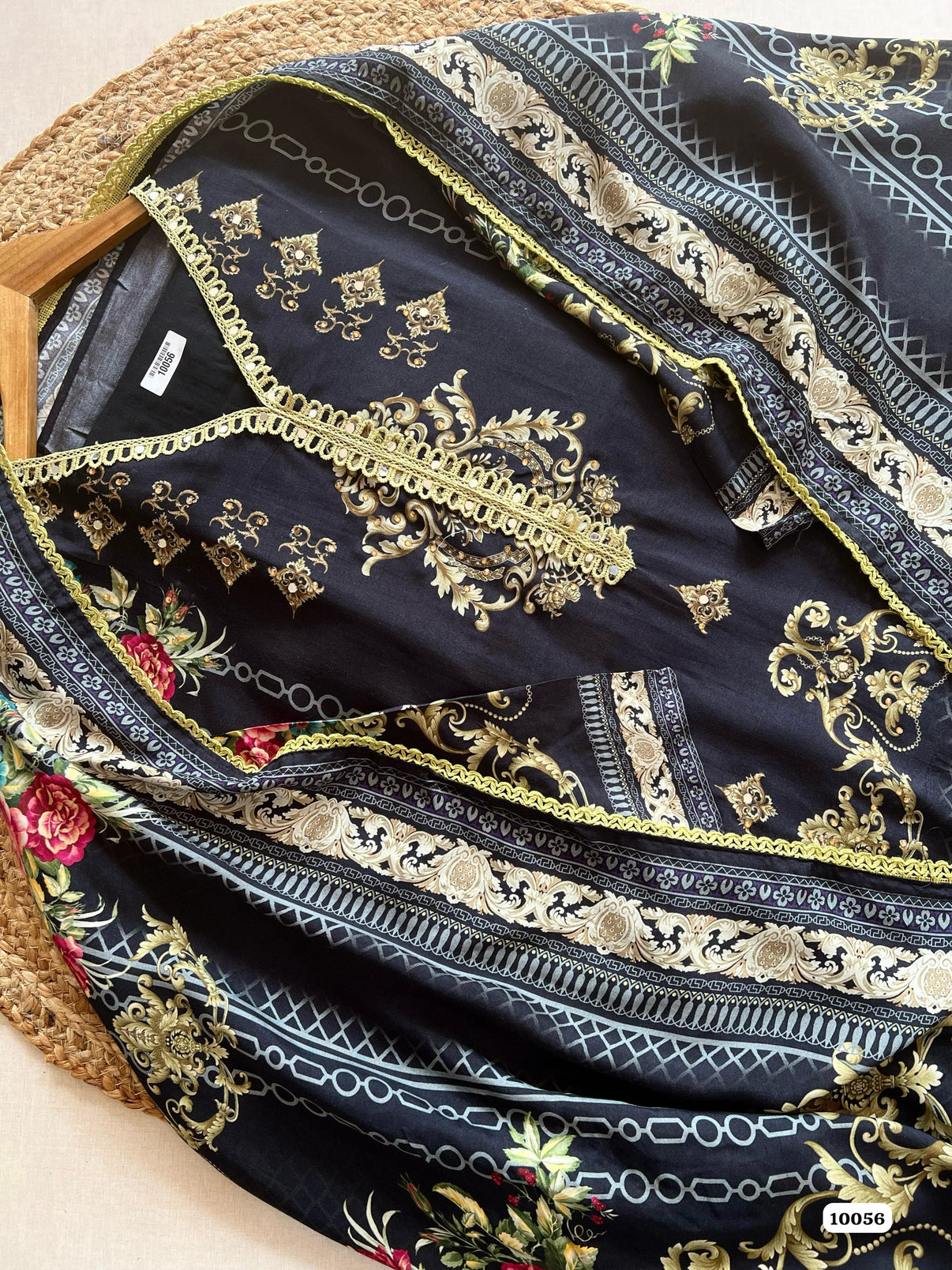 Pure muslin semi stitched shirt printed with beautiful laces & mirror works