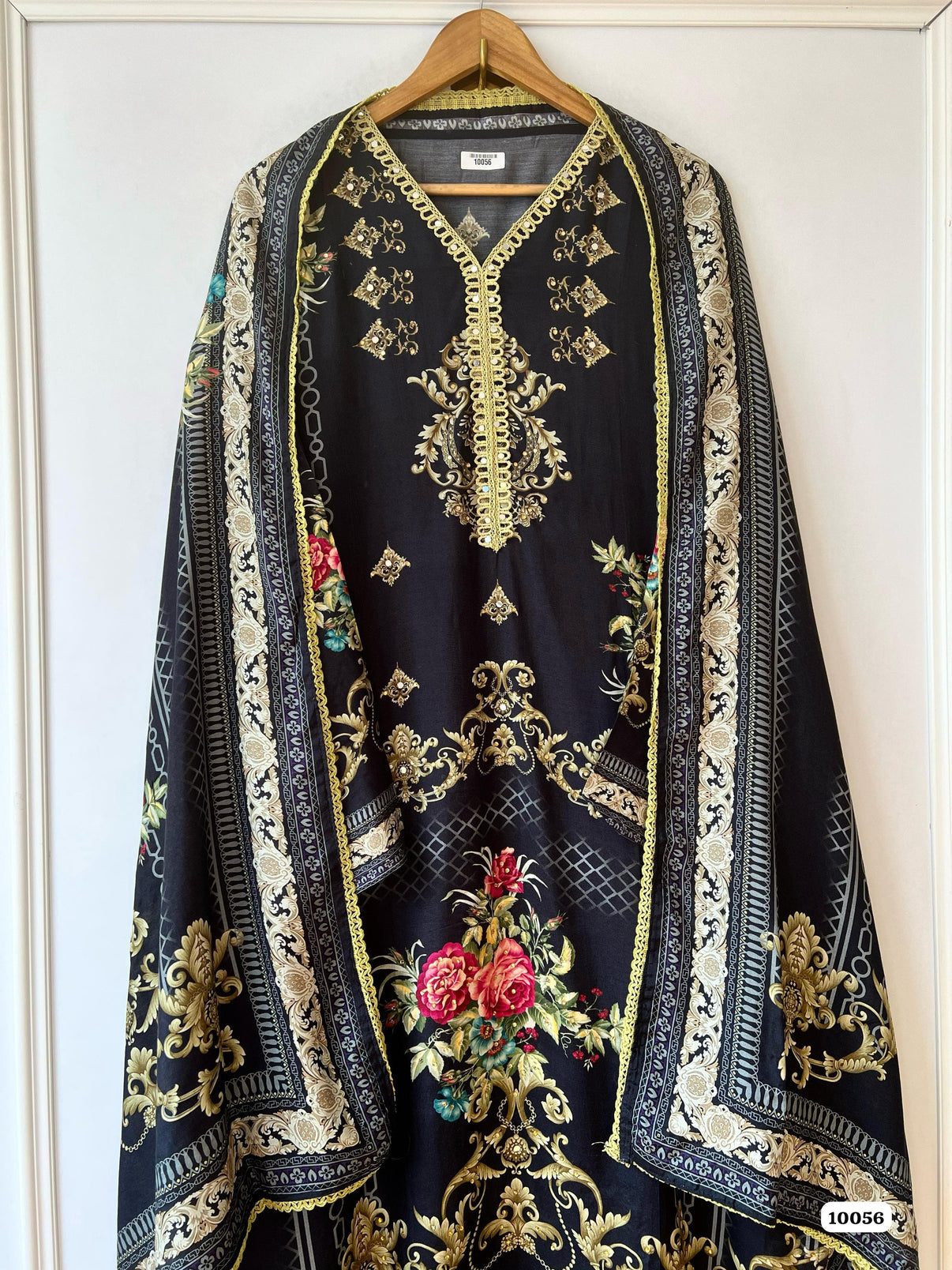 Pure muslin semi stitched shirt printed with beautiful laces & mirror works