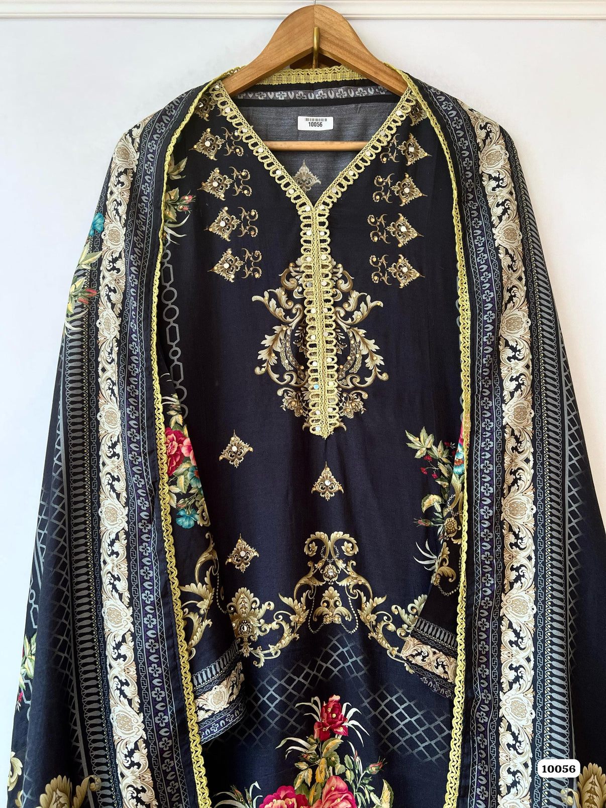 Pure muslin semi stitched shirt printed with beautiful laces & mirror works