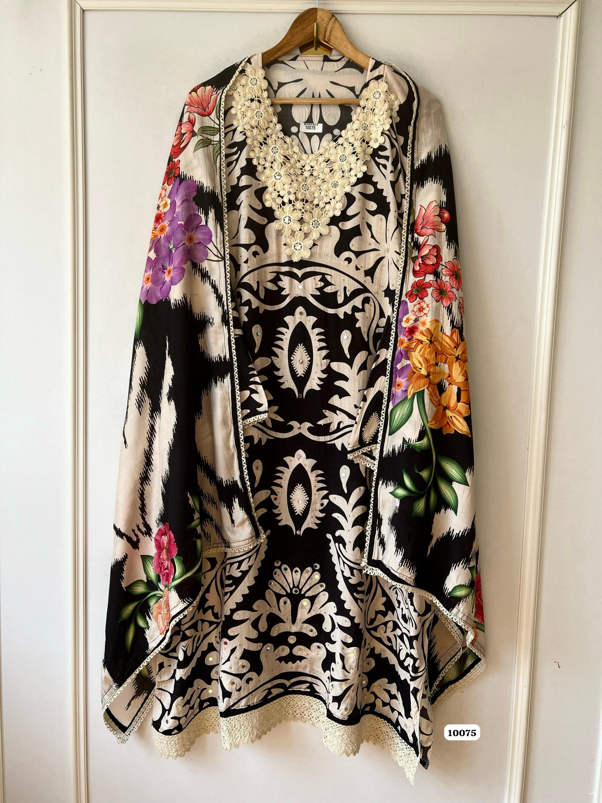 Pure muslin semi stitched shirt with beautiful digital print with crocia laces and mirror works