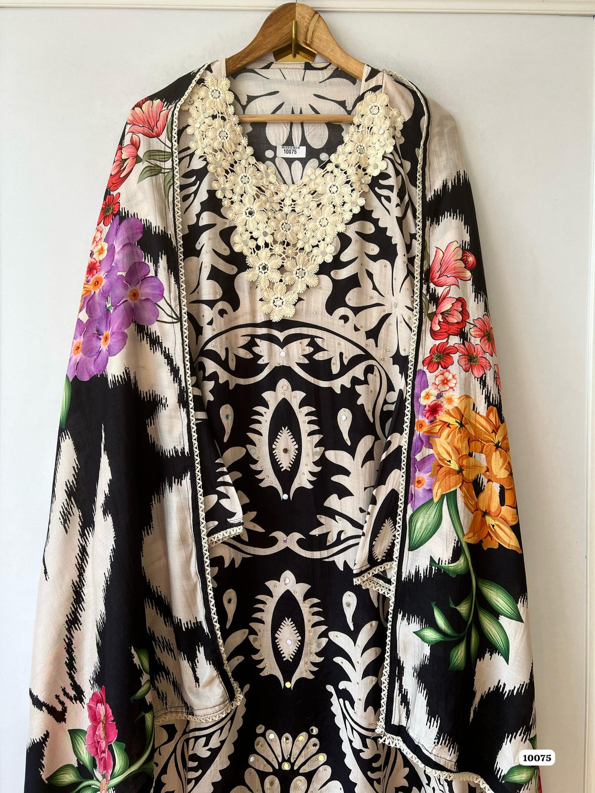 Pure muslin semi stitched shirt with beautiful digital print with crocia laces and mirror works