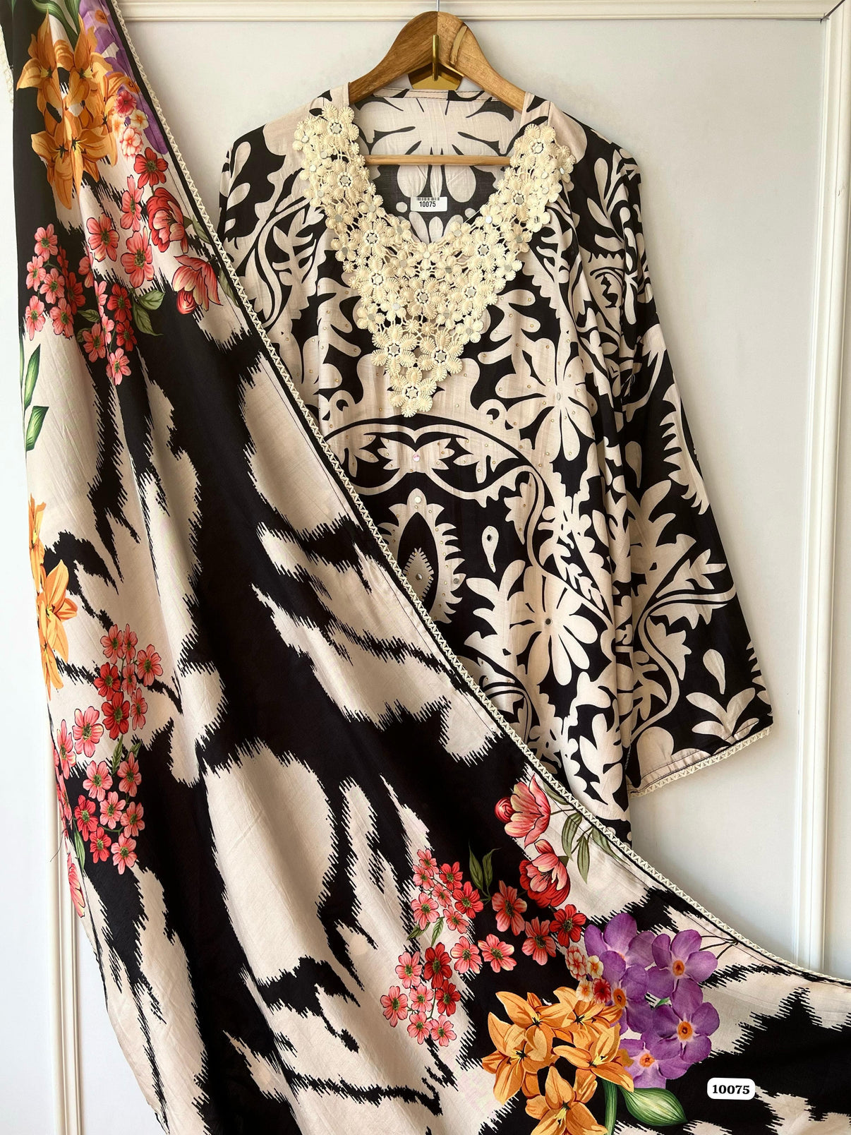 Pure muslin semi stitched shirt with beautiful digital print with crocia laces and mirror works