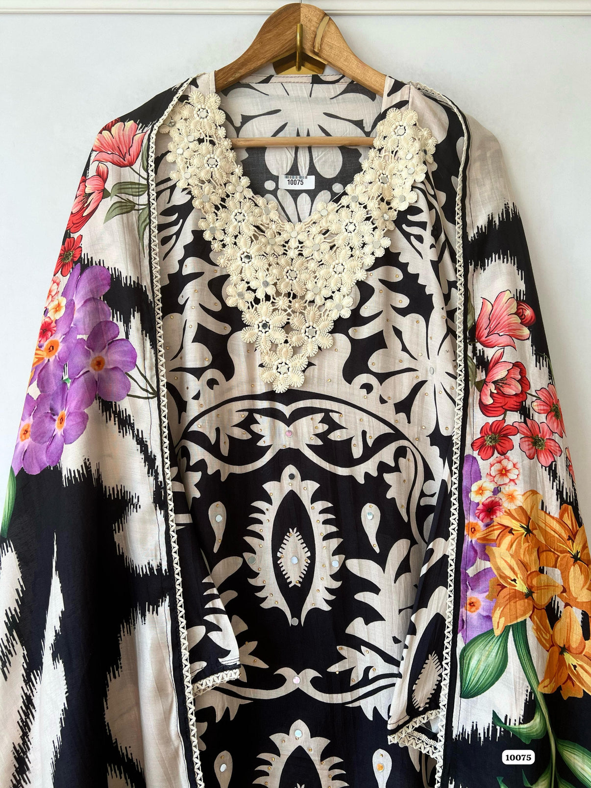 Pure muslin semi stitched shirt with beautiful digital print with crocia laces and mirror works