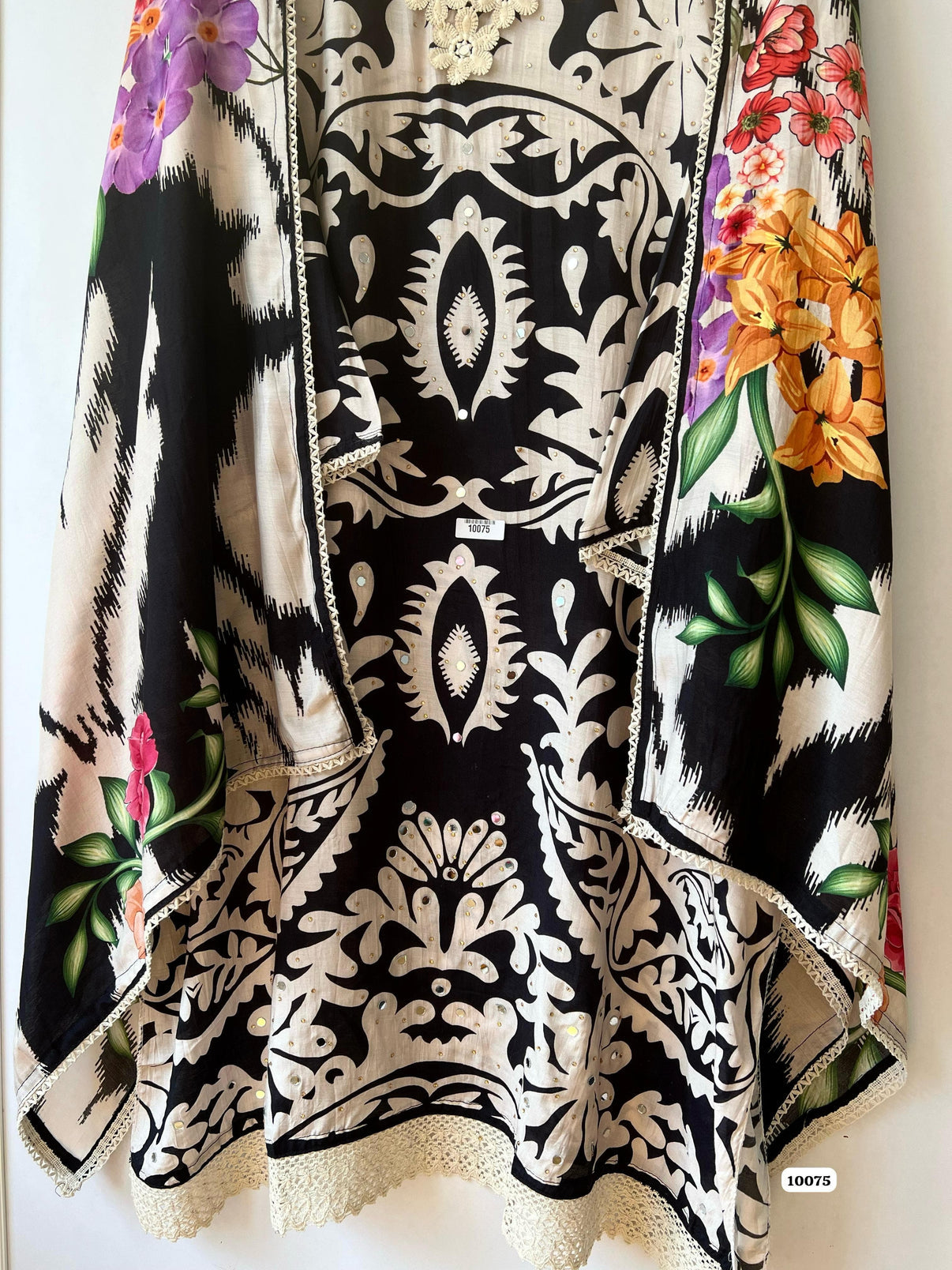 Pure muslin semi stitched shirt with beautiful digital print with crocia laces and mirror works