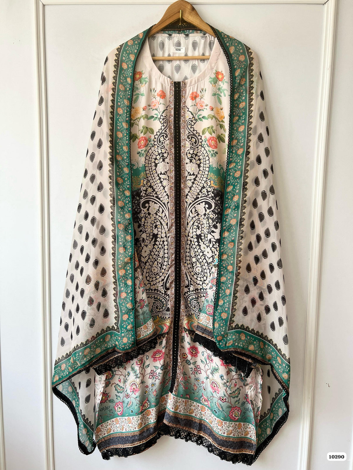 Pure muslin semi stitched shirt with beautiful paksitani print with stone mirror & crocia laces work