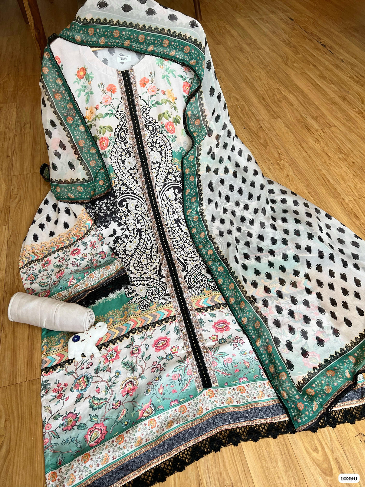 Pure muslin semi stitched shirt with beautiful paksitani print with stone mirror & crocia laces work