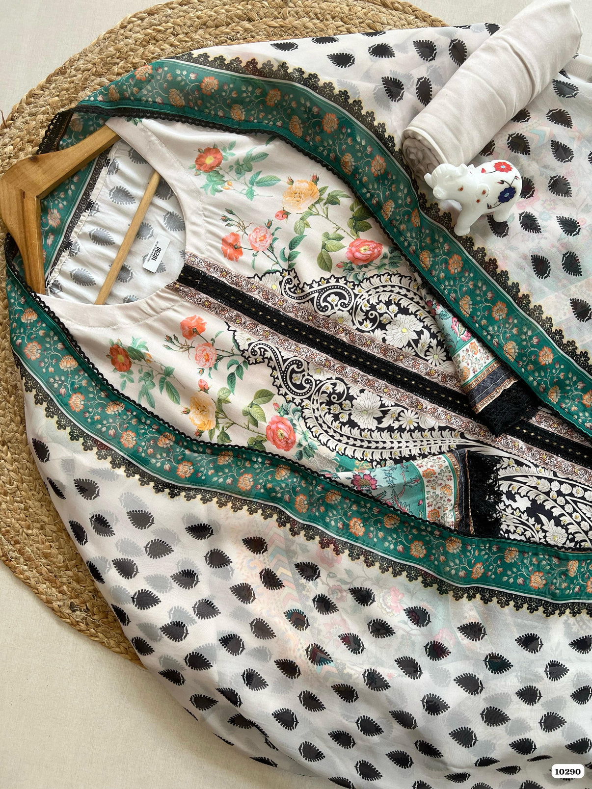 Pure muslin semi stitched shirt with beautiful paksitani print with stone mirror & crocia laces work