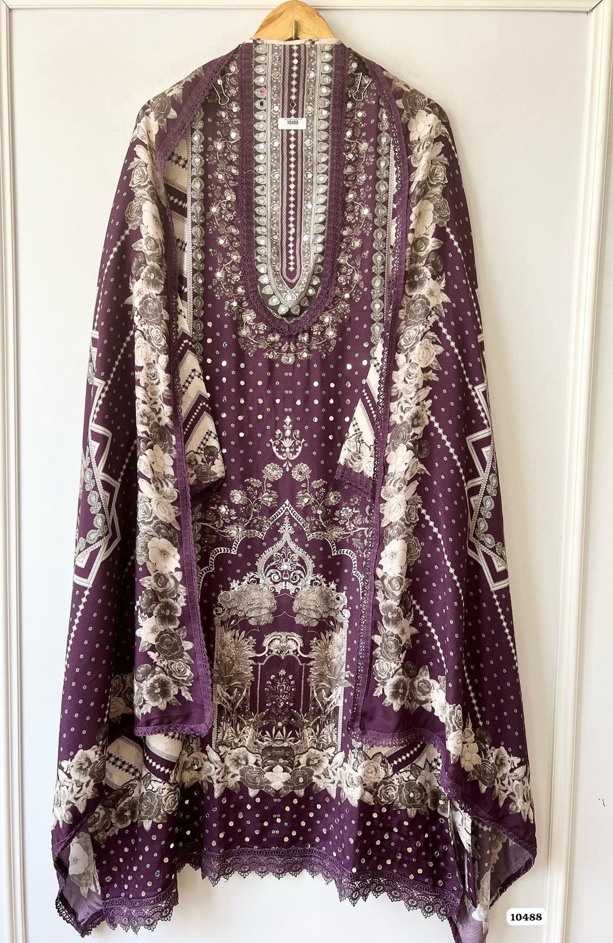 Pure muslin Pakistani printed semi stitch shirt with beautiful laces & mirror works
