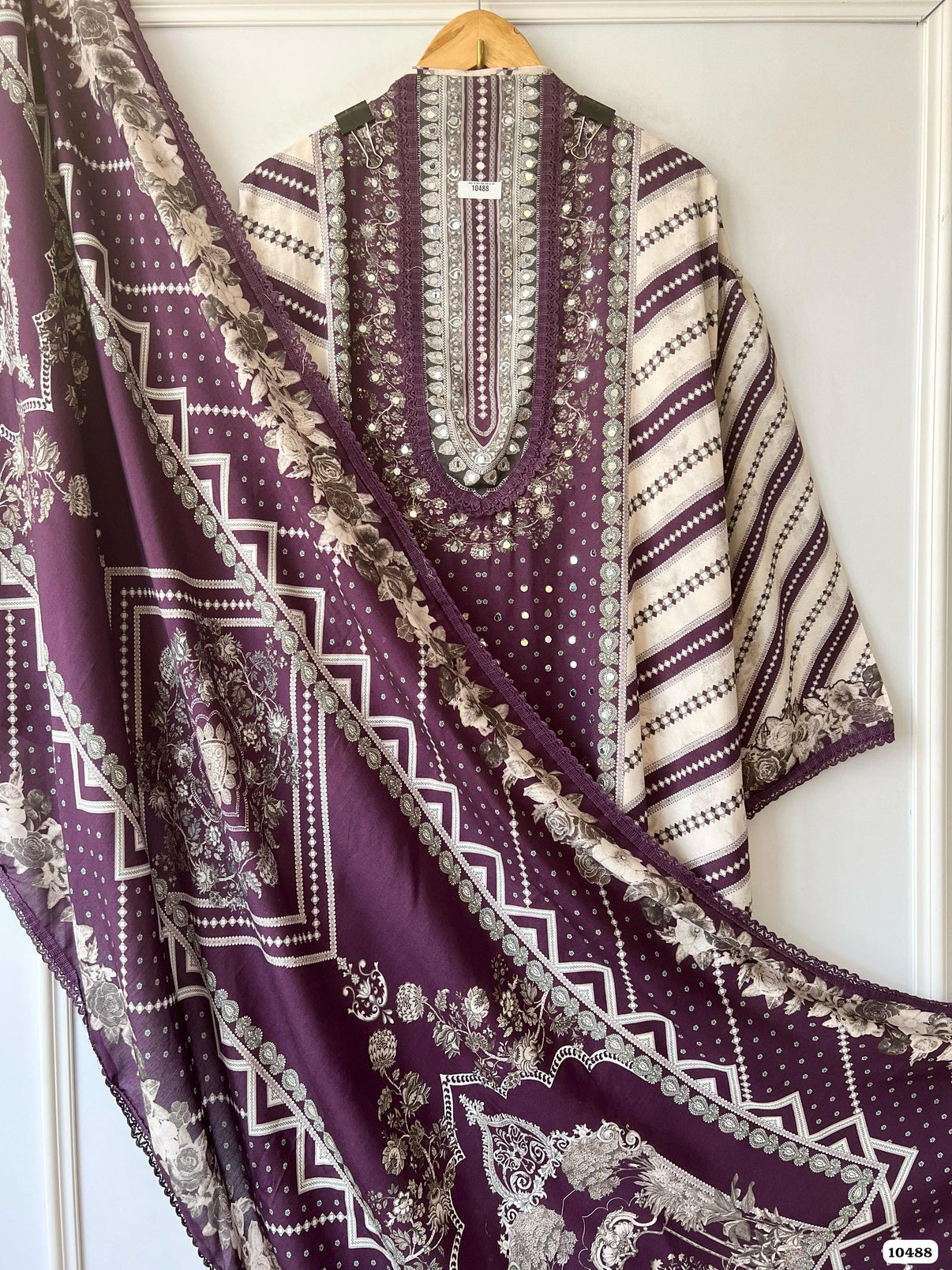 Pure muslin Pakistani printed semi stitch shirt with beautiful laces & mirror works