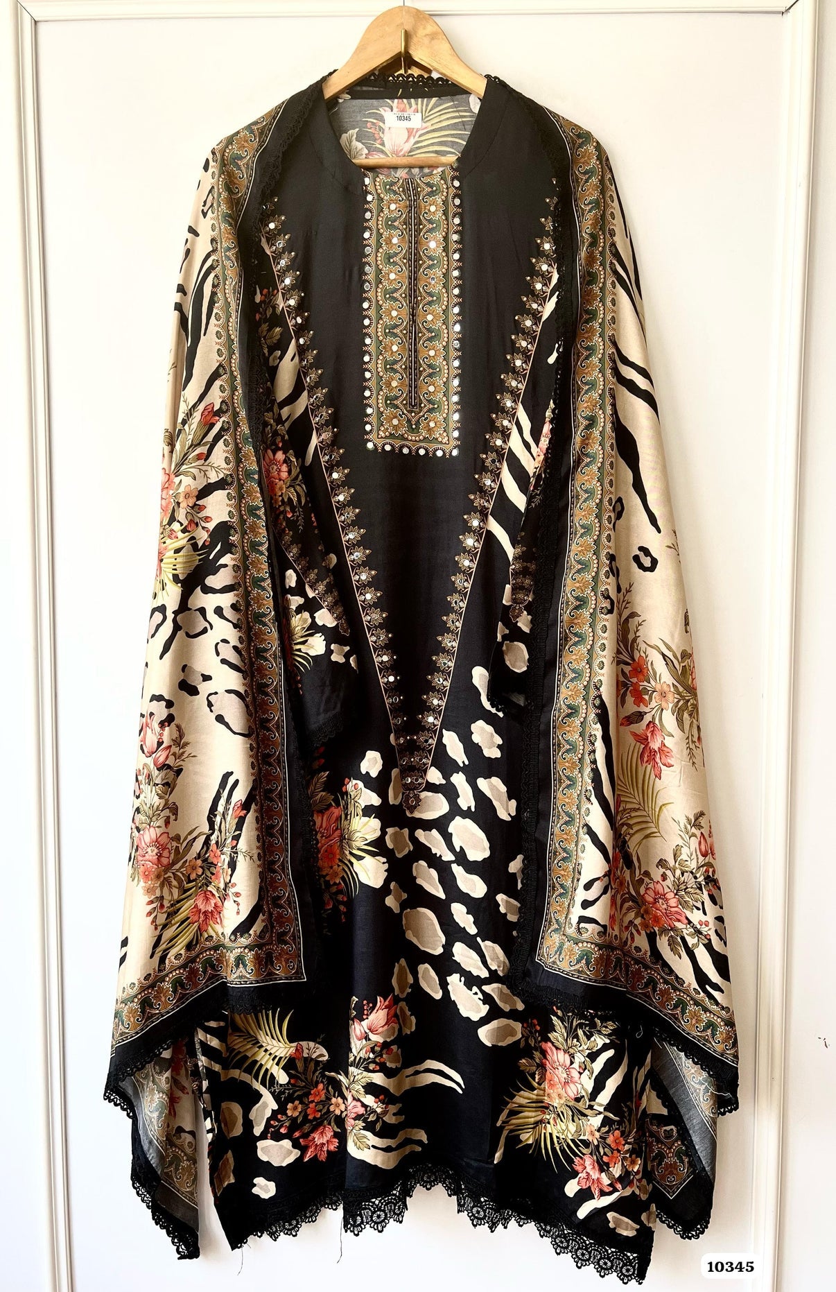 Pure muslin semi stitched shirt with beautiful Pakistani print with laces & mirror work