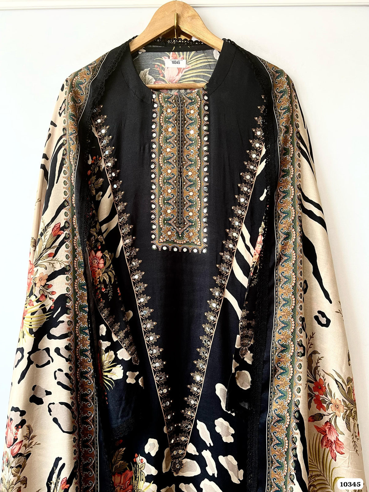 Pure muslin semi stitched shirt with beautiful Pakistani print with laces & mirror work