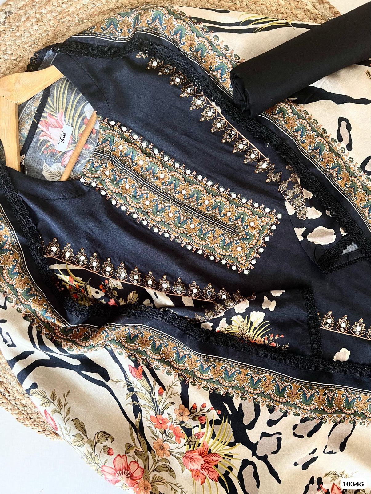 Pure muslin semi stitched shirt with beautiful Pakistani print with laces & mirror work