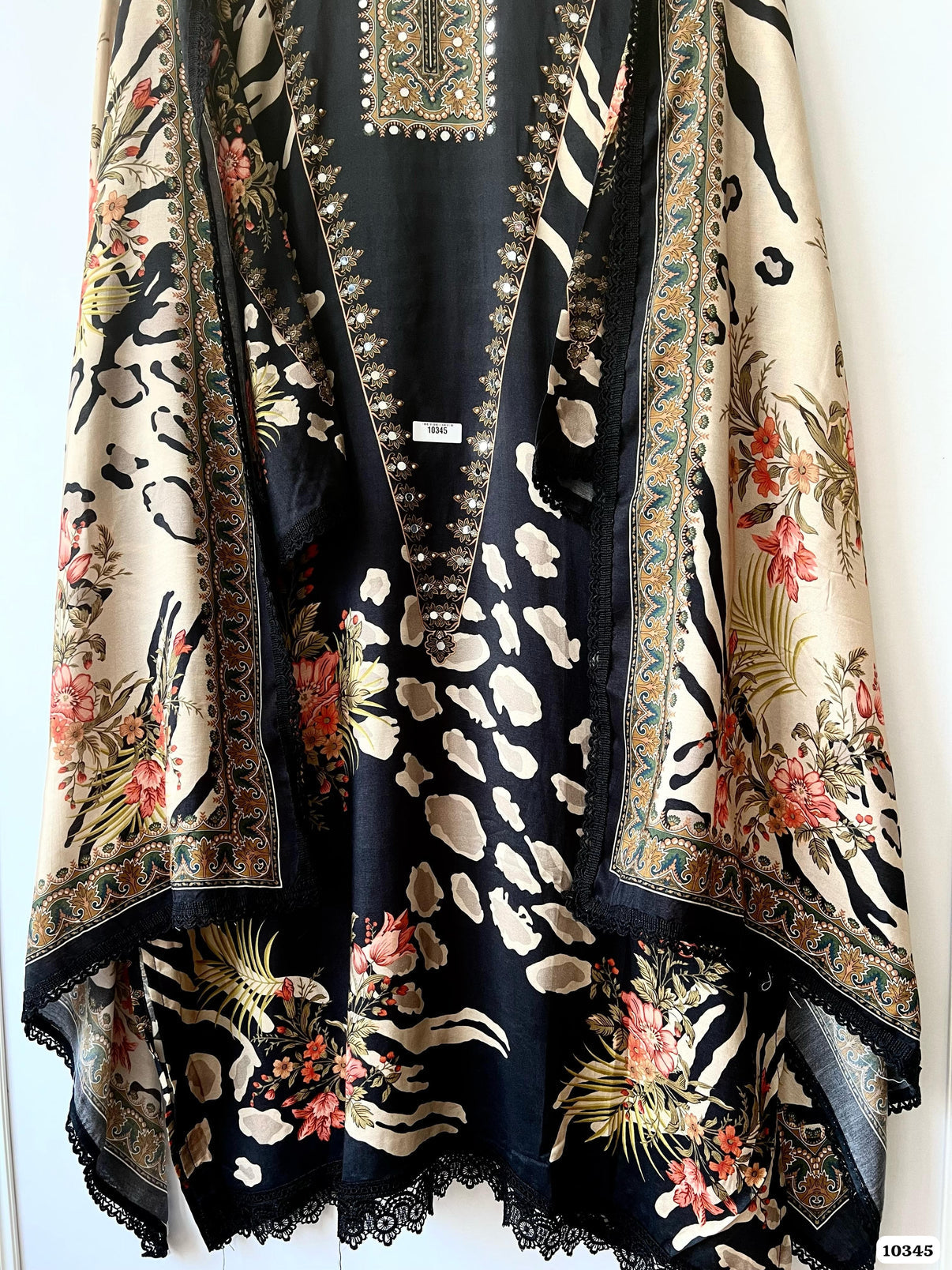 Pure muslin semi stitched shirt with beautiful Pakistani print with laces & mirror work