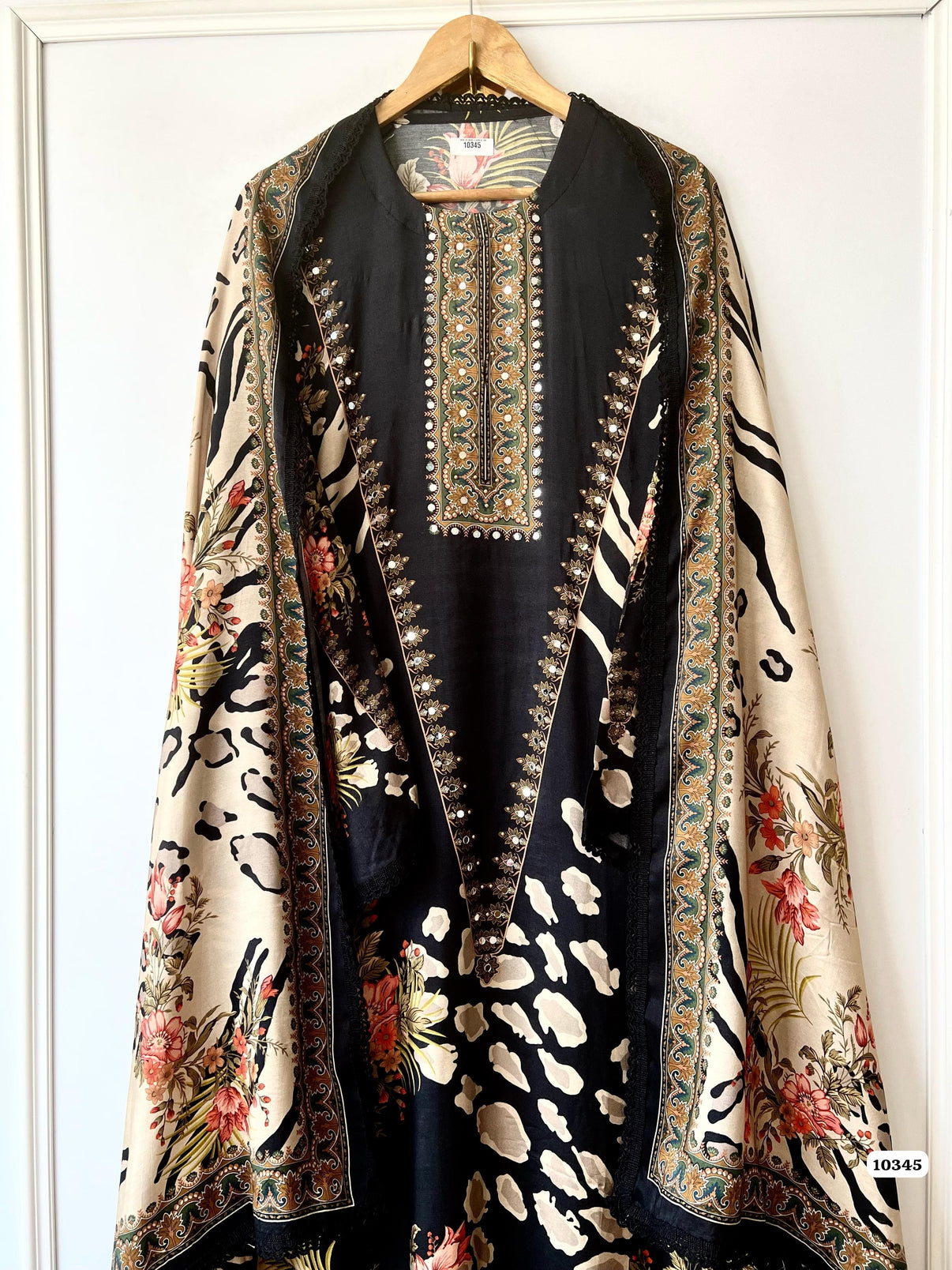 Pure muslin semi stitched shirt with beautiful Pakistani print with laces & mirror work
