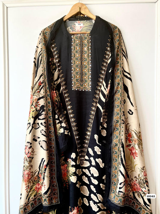 Pure muslin semi stitched shirt with beautiful Pakistani print with laces & mirror work
