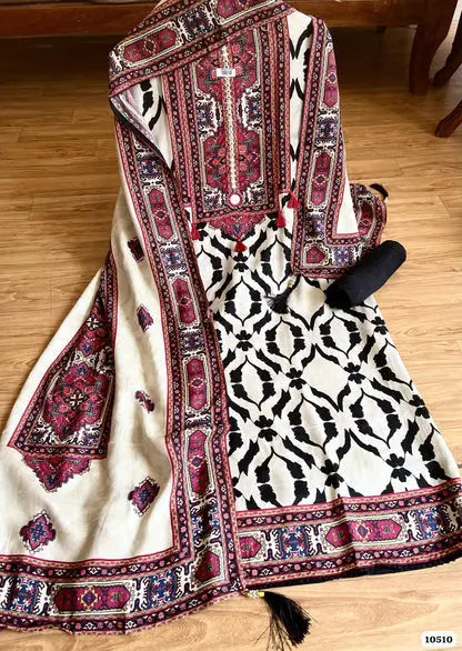 Ivory Noir Pure Muslin Unstitched 3-Piece Set with Digital Print & Mirror Highlights | Aminah Designs - Aminah Designs