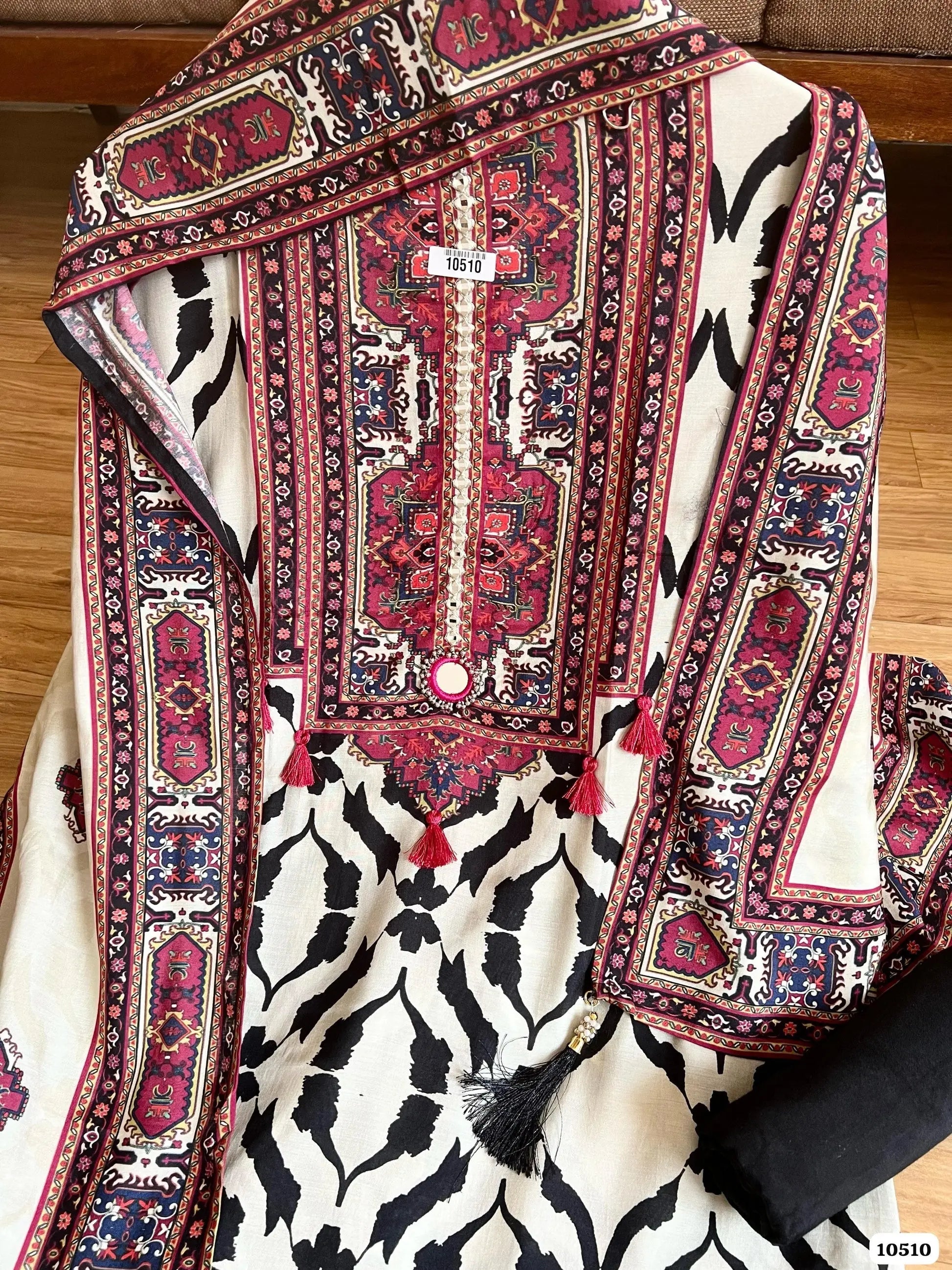 Ivory Noir Pure Muslin Unstitched 3-Piece Set with Digital Print & Mirror Highlights | Aminah Designs - Aminah Designs