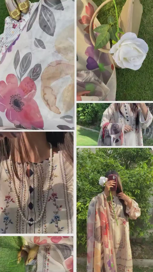 LIGHT GOLDEN BLOOM PAKISTANI 3PC SET WITH DUPATTA | AMINAH DESIGNS