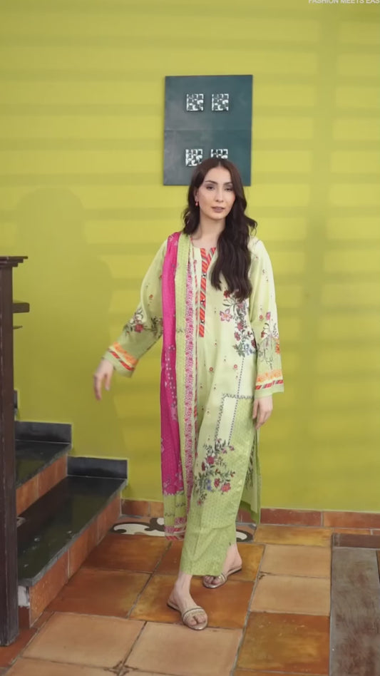 Rani Mist Harmony 3PC Pakistani Printed Set with Dupatta | Light Green & Rani Combo – Aminah Designs