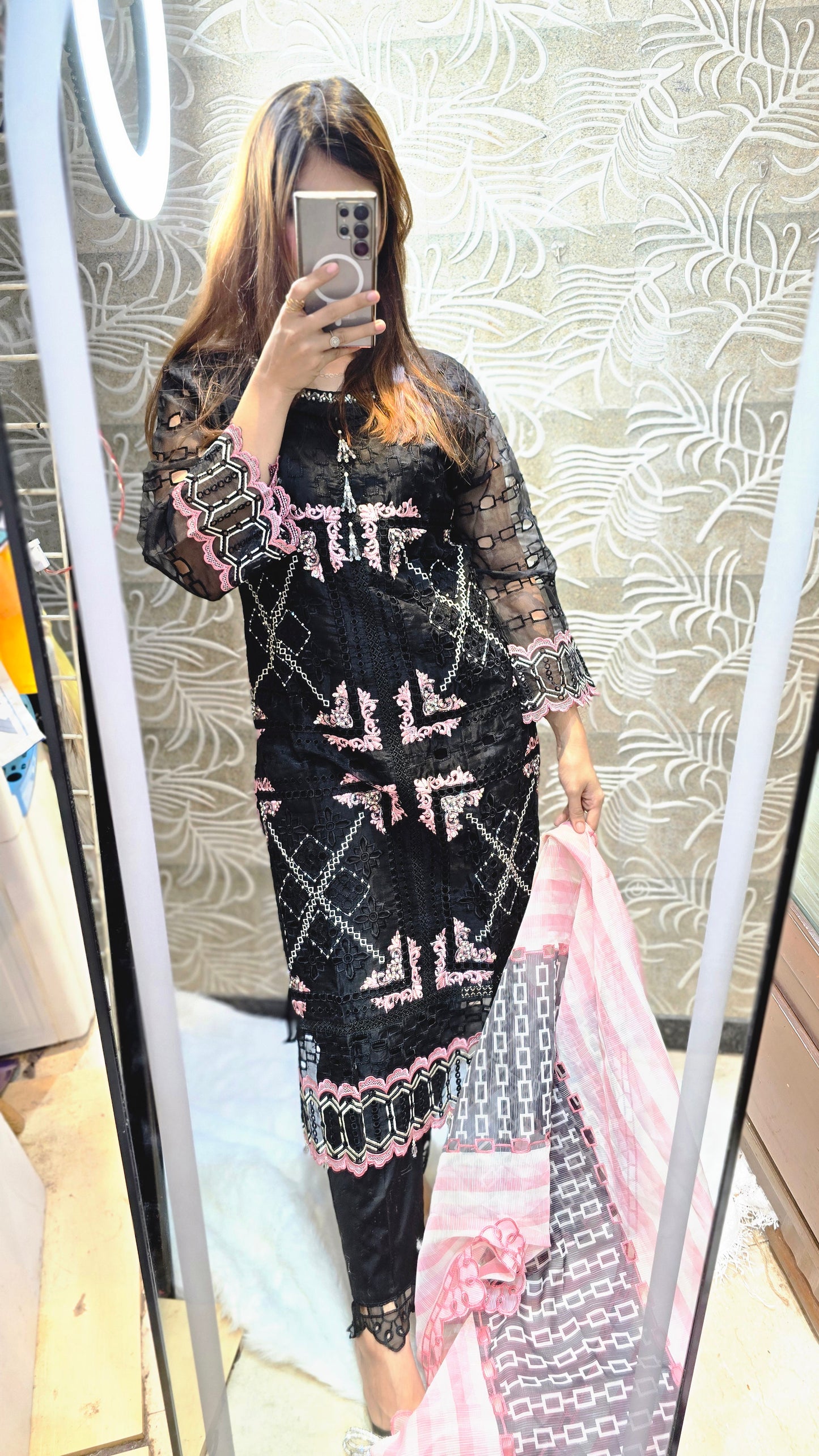 Black and pink 3 pc ready to wear heavy party dress fully embroidered