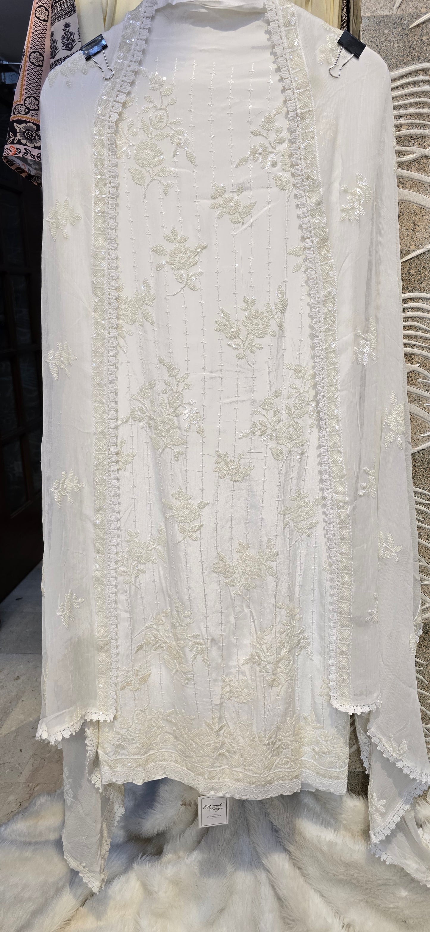 PURE WHITE 3 PC UNSTITCHED SET WITH HEAVY EMBROIDERY DRESS