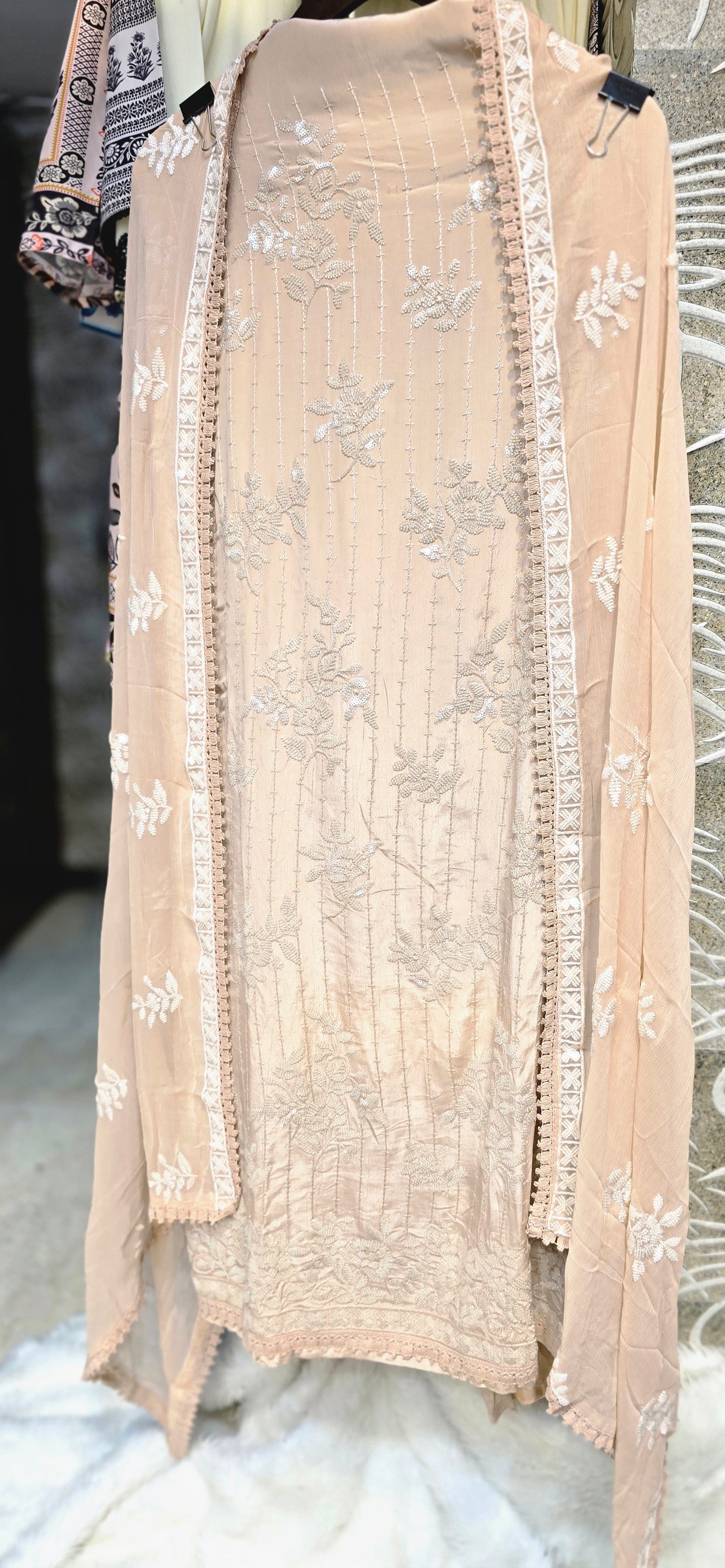 PEACH COLOR 3 PC UNSTITCHED DRESS WITH BEAUTIFUL INTRICATE EMBROIDERY WITH FULLY EMBROIDERED DUPATTA