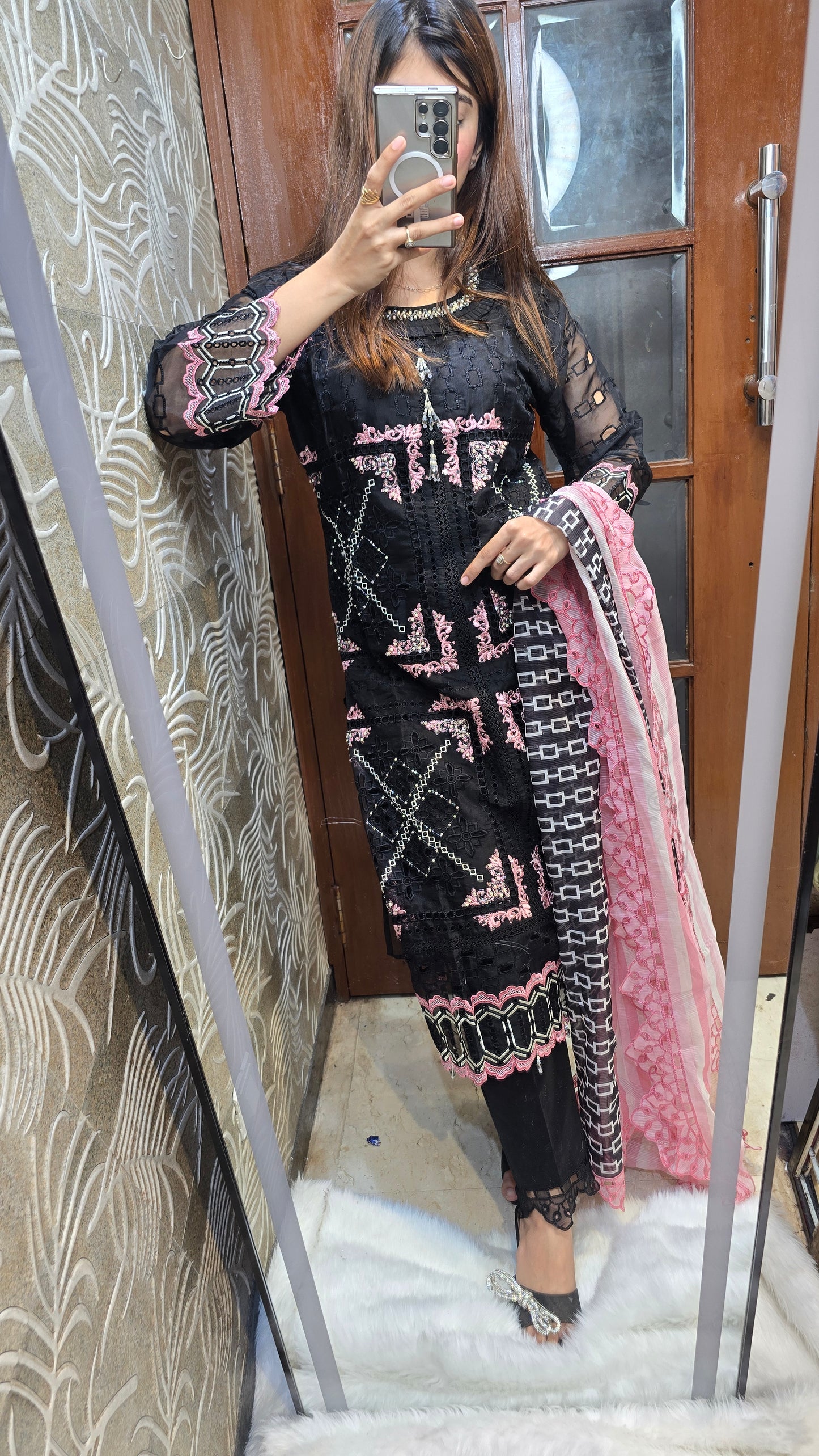 Black and pink 3 pc ready to wear heavy party dress fully embroidered