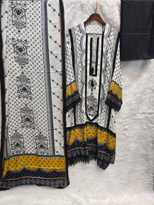 PURE MUZLIN 3 PC SET SEMI STITCHED WHITE AND BLACK