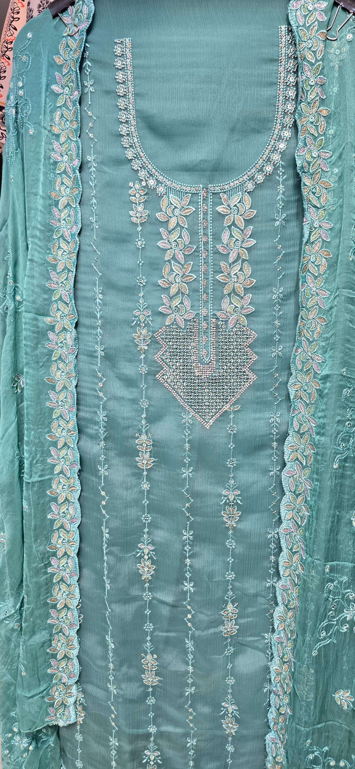 3 PC FULLY EMBROIDERED  TURQUOISE COLOR PURE VISCOSE SET WITH CHIFFON DUPATTA