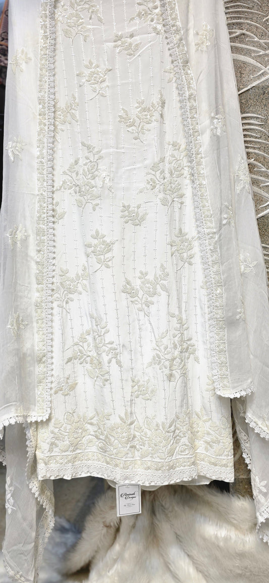 PURE WHITE 3 PC UNSTITCHED SET WITH HEAVY EMBROIDERY DRESS