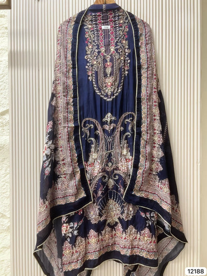 Midnight Sapphire Pure Muslin Unstitched 3-Piece Set with Ornate Digital Prints | Aminah Designs - Aminah Designs