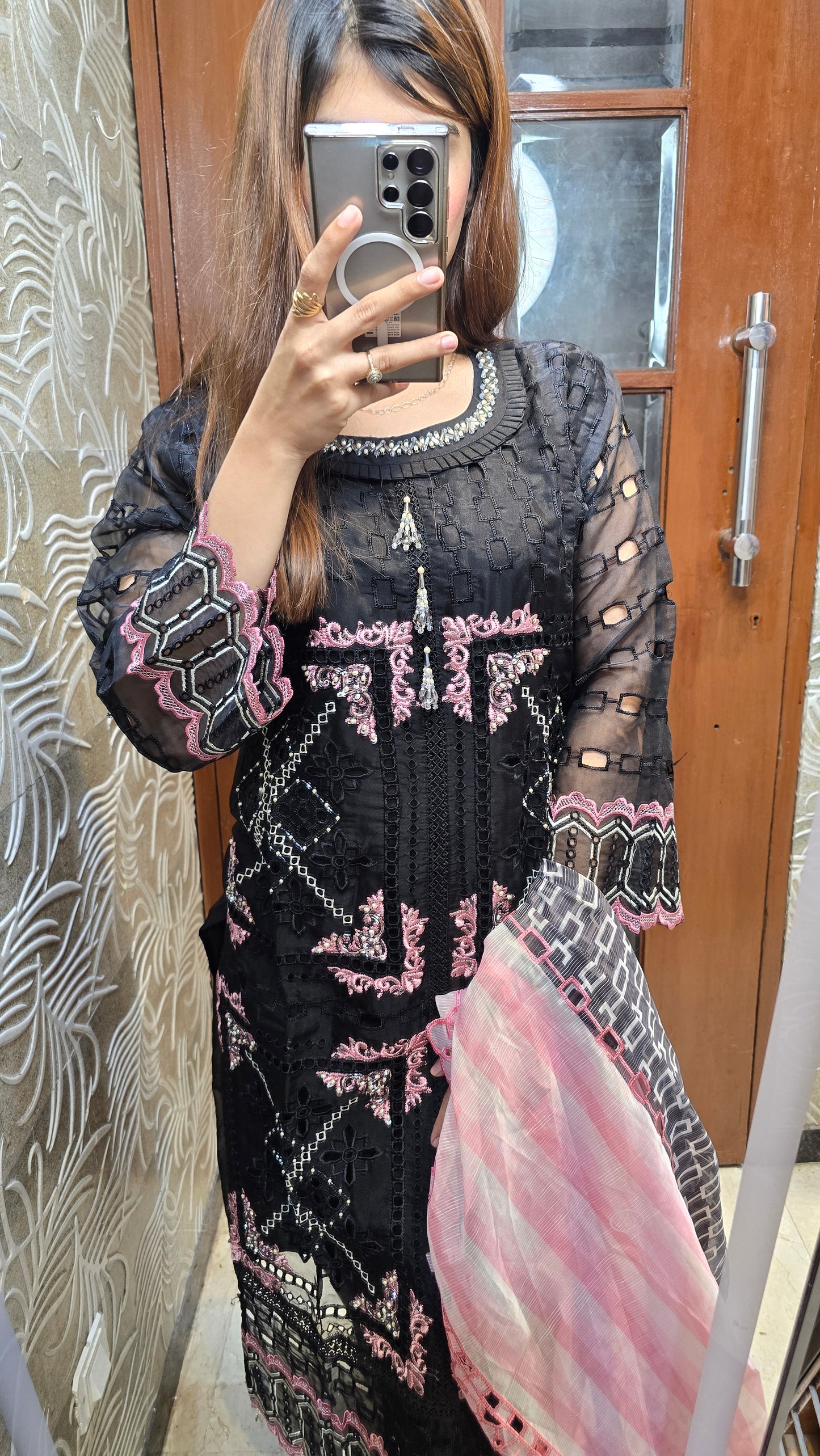 Black and pink 3 pc ready to wear heavy party dress fully embroidered