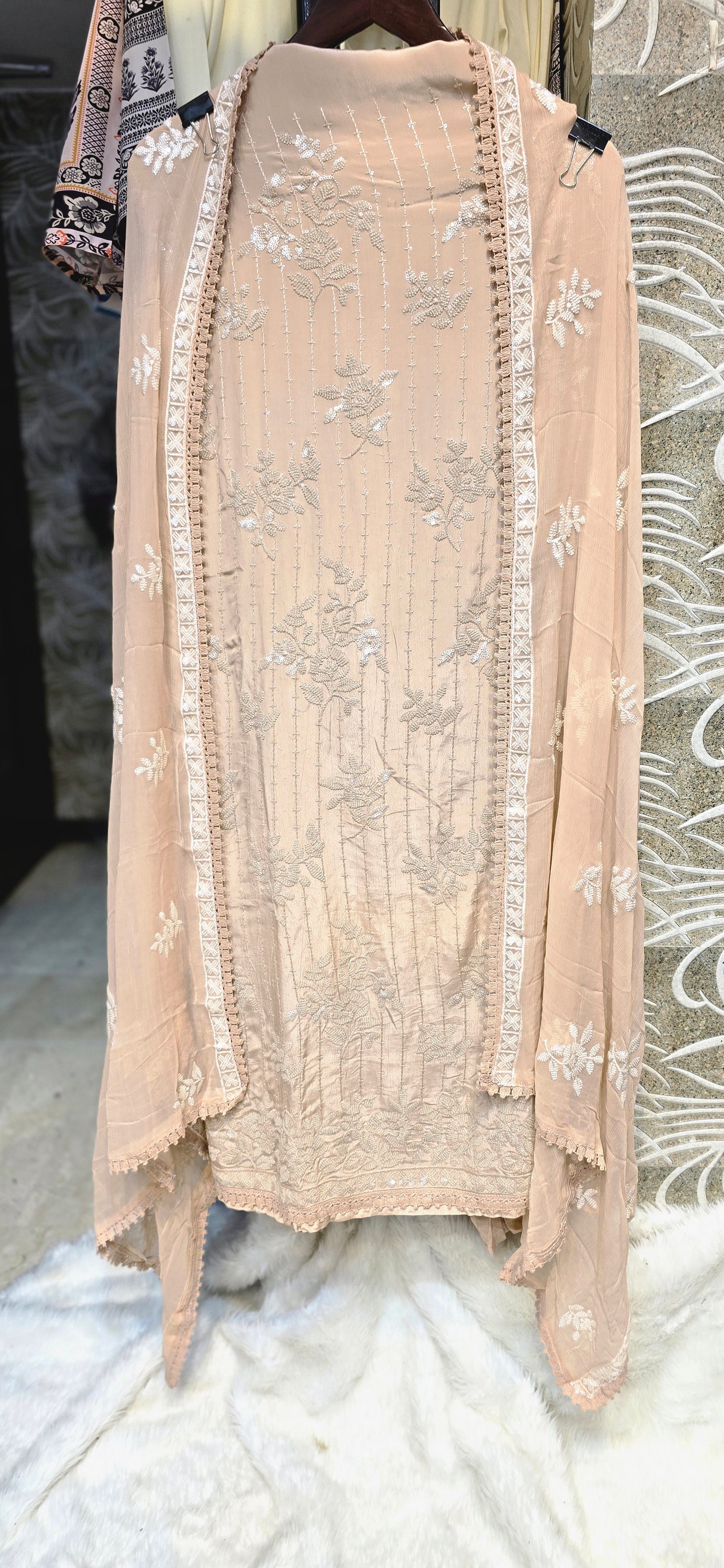 PEACH COLOR 3 PC UNSTITCHED DRESS WITH BEAUTIFUL INTRICATE EMBROIDERY WITH FULLY EMBROIDERED DUPATTA