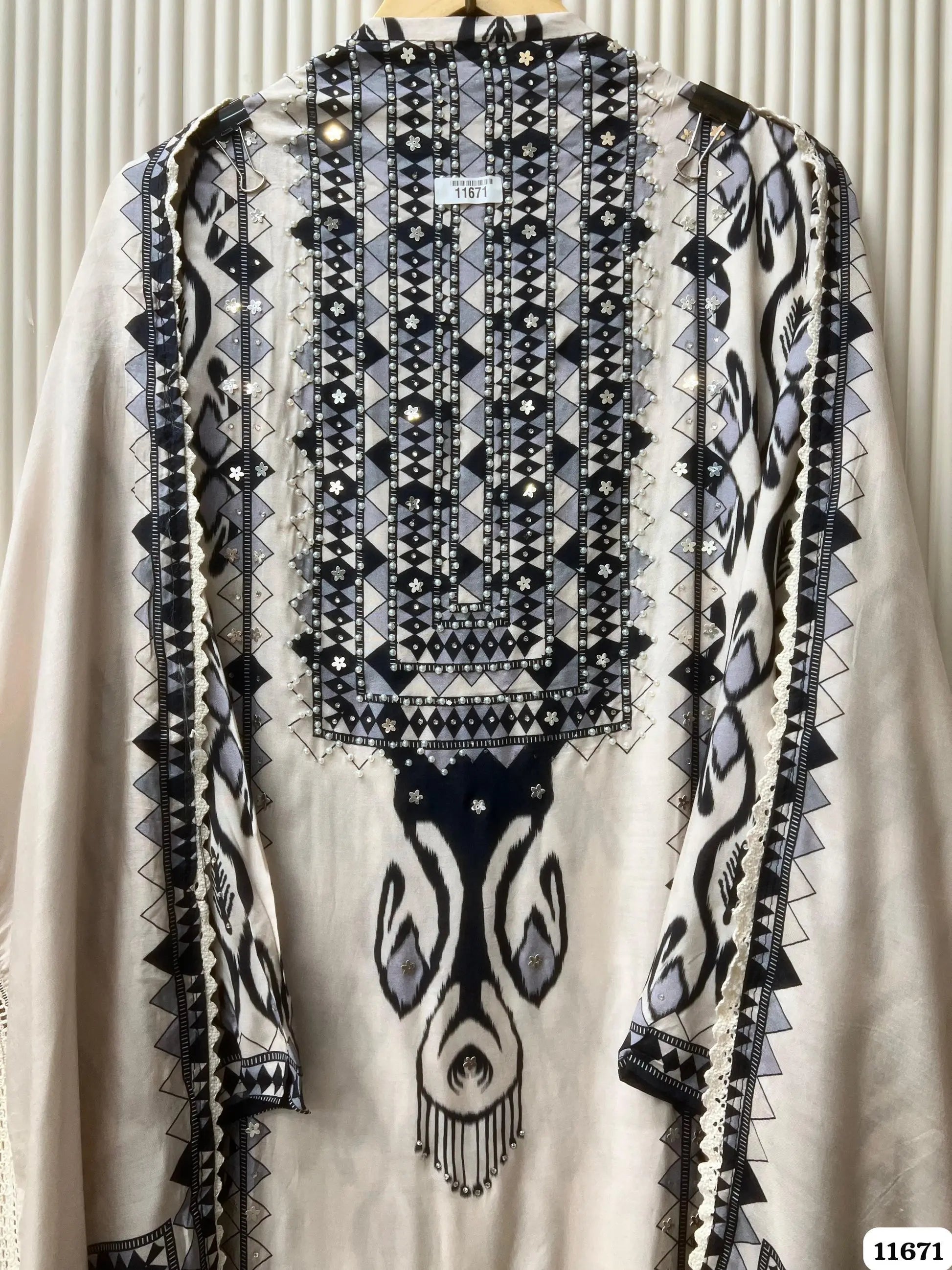 Ivory Ink Pure Muslin Unstitched 3-Piece Set with Mirror Accents | Aminah Designs - Aminah Designs