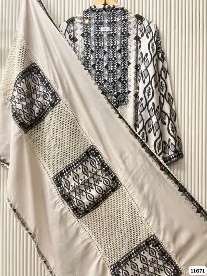 Ivory Ink Pure Muslin Unstitched 3-Piece Set with Mirror Accents | Aminah Designs - Aminah Designs