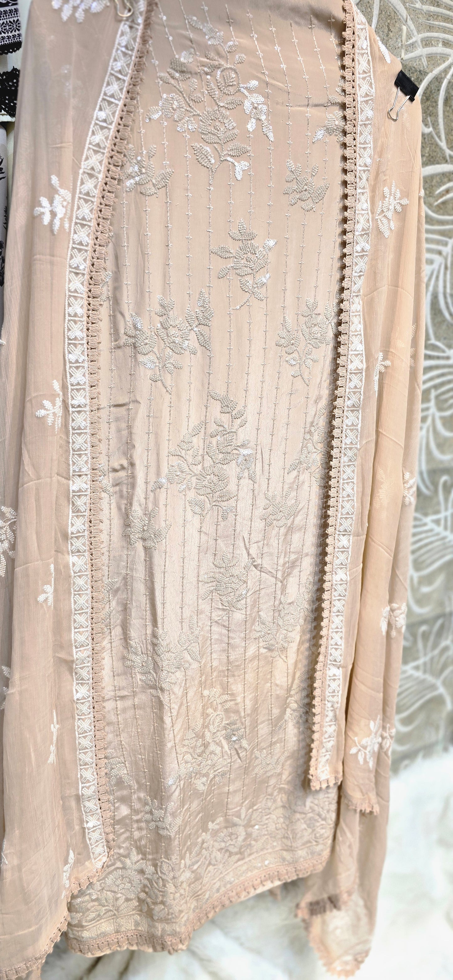 PEACH COLOR 3 PC UNSTITCHED DRESS WITH BEAUTIFUL INTRICATE EMBROIDERY WITH FULLY EMBROIDERED DUPATTA