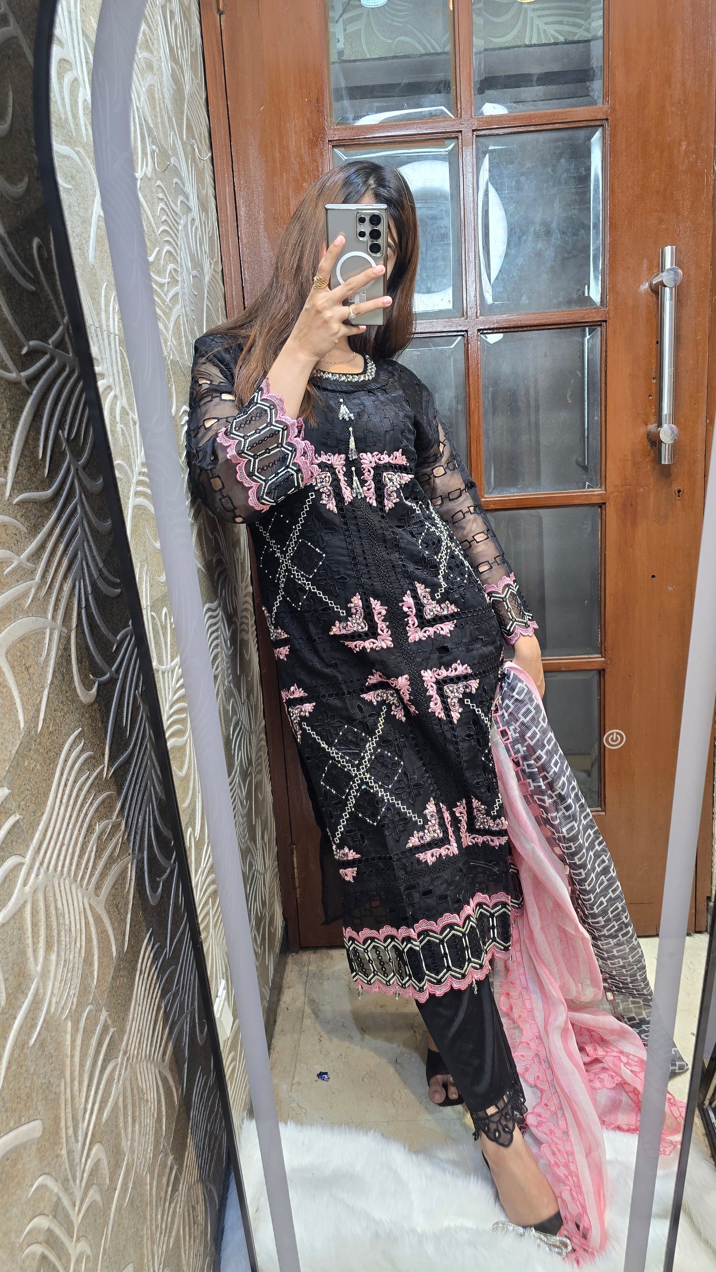 Black and pink 3 pc ready to wear heavy party dress fully embroidered