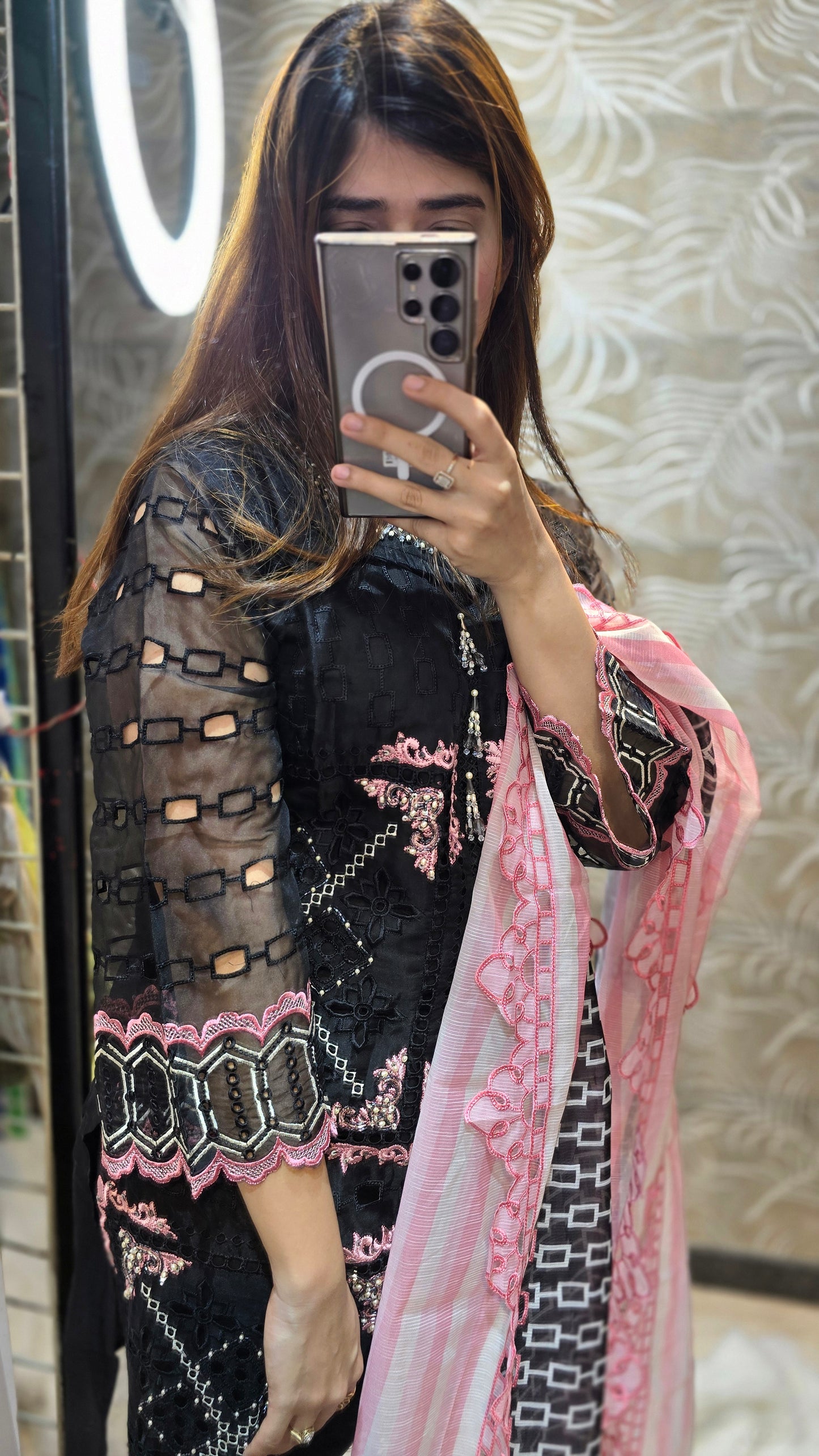 Black and pink 3 pc ready to wear heavy party dress fully embroidered
